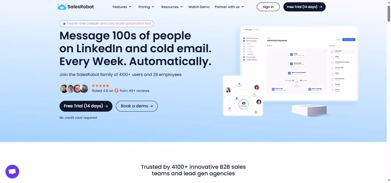SalesRobot landing page with headline "Message 100s of people on LinkedIn and cold email. Every Week. Automatically.