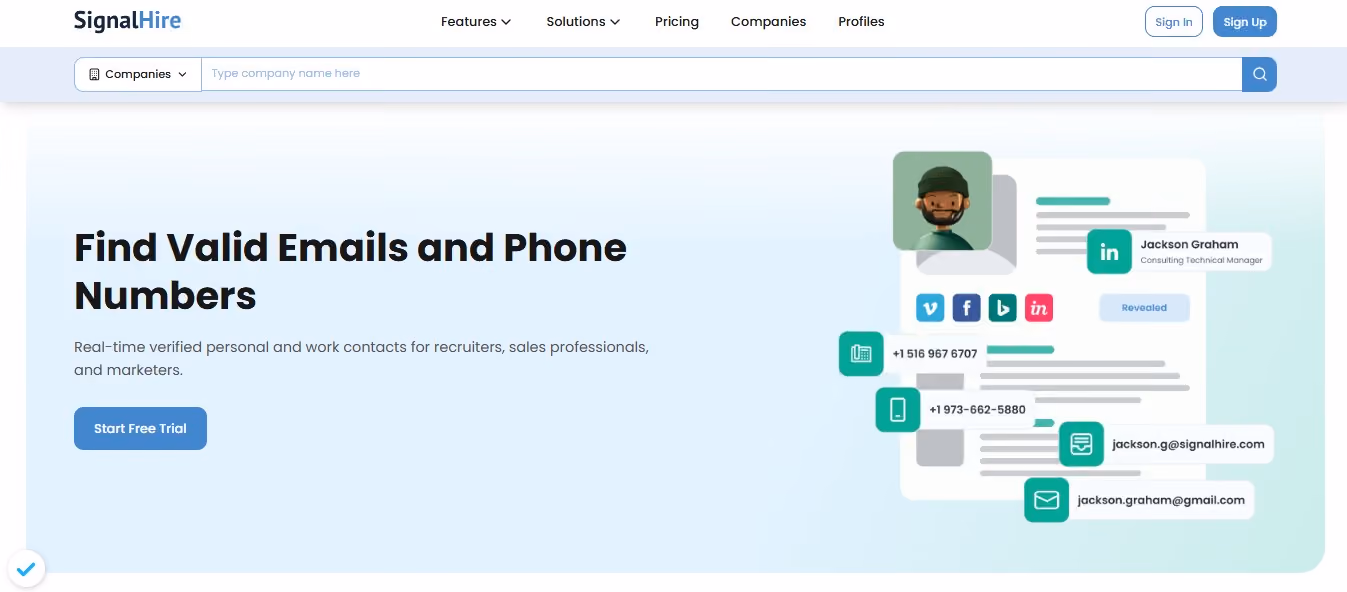 SignalHire homepage with headline "Find Valid Emails and Phone Numbers" and a professional illustration