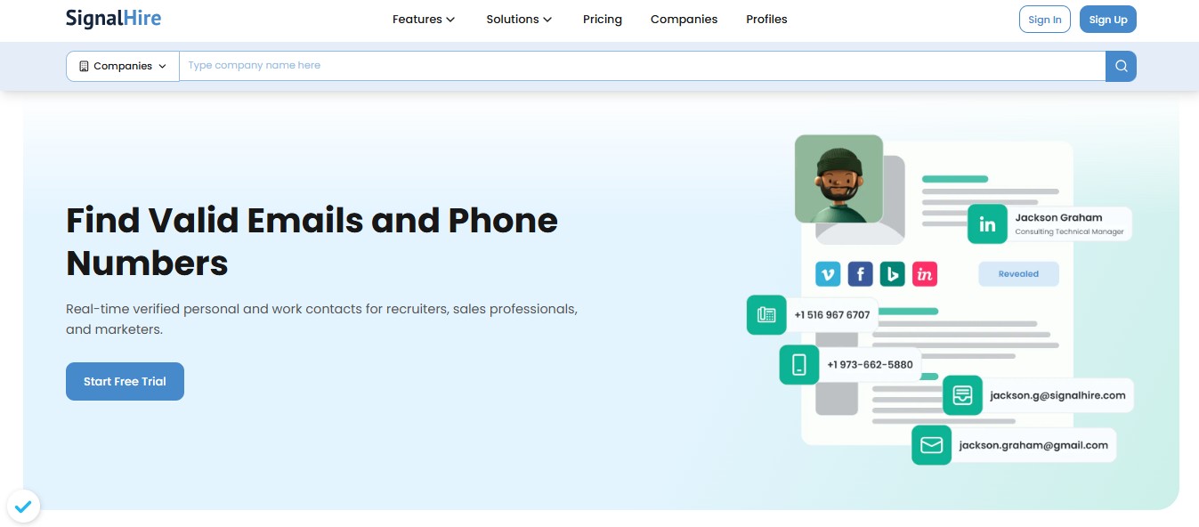 SignalHire homepage with headline "Find Valid Emails and Phone Numbers" and a professional illustration