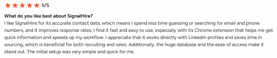 Customer review highlighting positive experiences with SignalHire's accurate contact data and user-friendly interface.