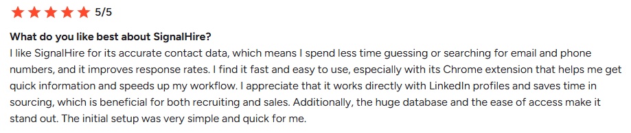 Customer review highlighting positive experiences with SignalHire's accurate contact data and user-friendly interface.
