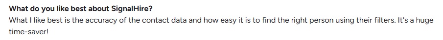 Customer feedback praising SignalHire's accurate contact data and efficient filtering system for finding the right person