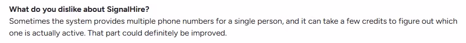 Customer's negative feedback about SignalHire providing multiple phone numbers for a single person, requiring credits to verify active numbers.