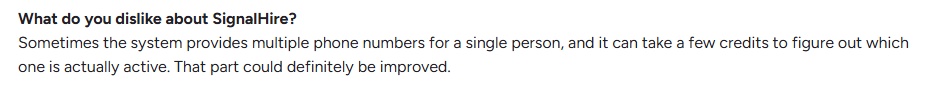 Customer's negative feedback about SignalHire providing multiple phone numbers for a single person, requiring credits to verify active numbers.