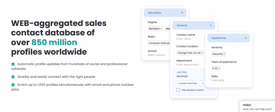  SignalHire's feature description of a "WEB-aggregated sales contact database of over 850 million profiles worldwide" with icons representing search filters.