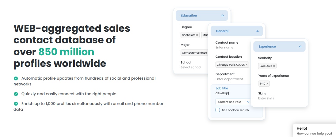 SignalHire's feature description of a "WEB-aggregated sales contact database of over 850 million profiles worldwide" with icons representing search filters.