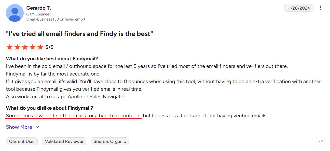 Screenshot of a customer review for Findymail, praising its accuracy.
