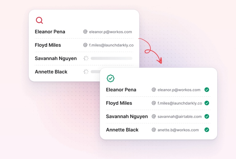 Illustration of a search interface showing a list of names and email addresses being verified.
