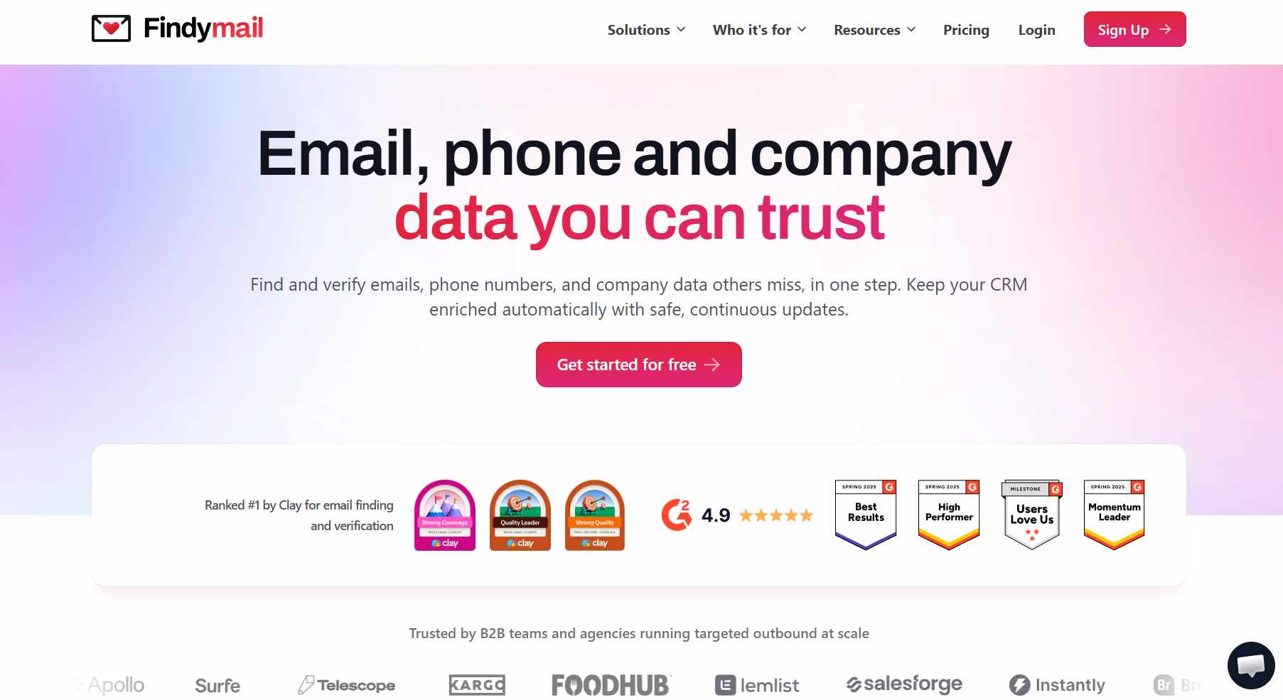 Findymail website with headline "Email, phone and company data you can trust".
