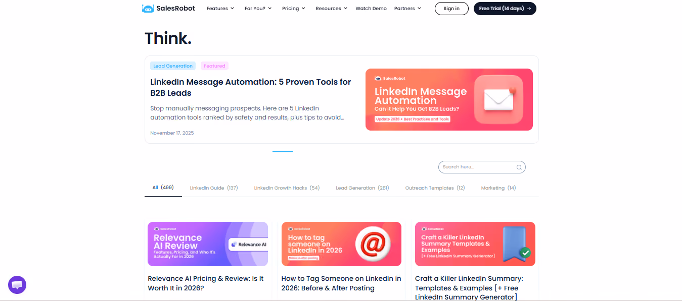 SalesRobot blogs landing page