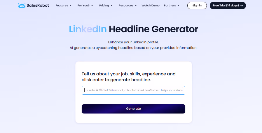 LinkedIn headline generator tool by SalesRobot