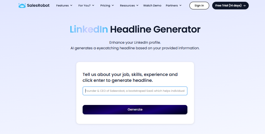 LinkedIn headline generator tool by SalesRobot