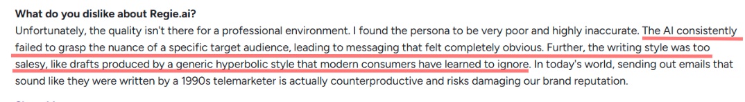 A screenshot of a negative review for Regie.ai