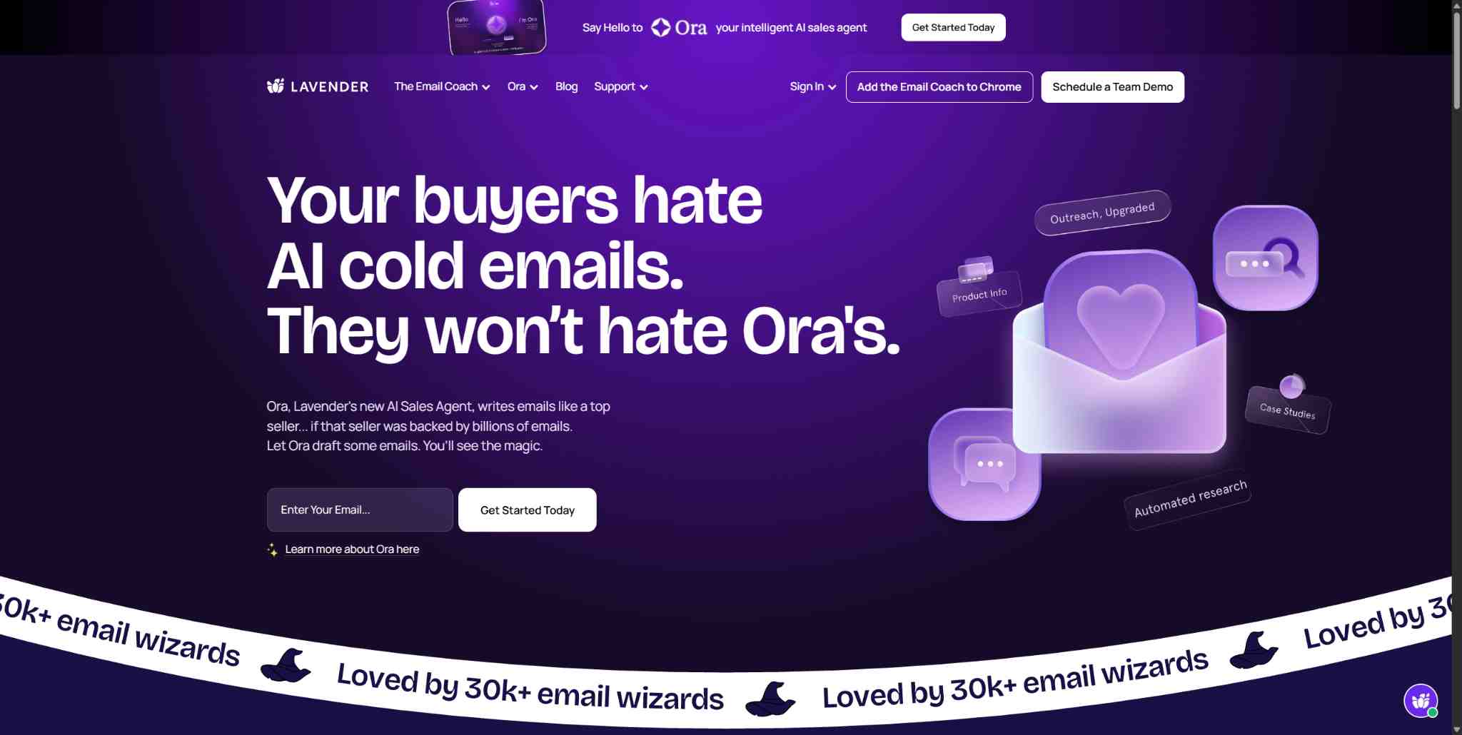 Lavender.com homepage with headline "Your buyers hate AI cold emails. They won't hate Ora's."