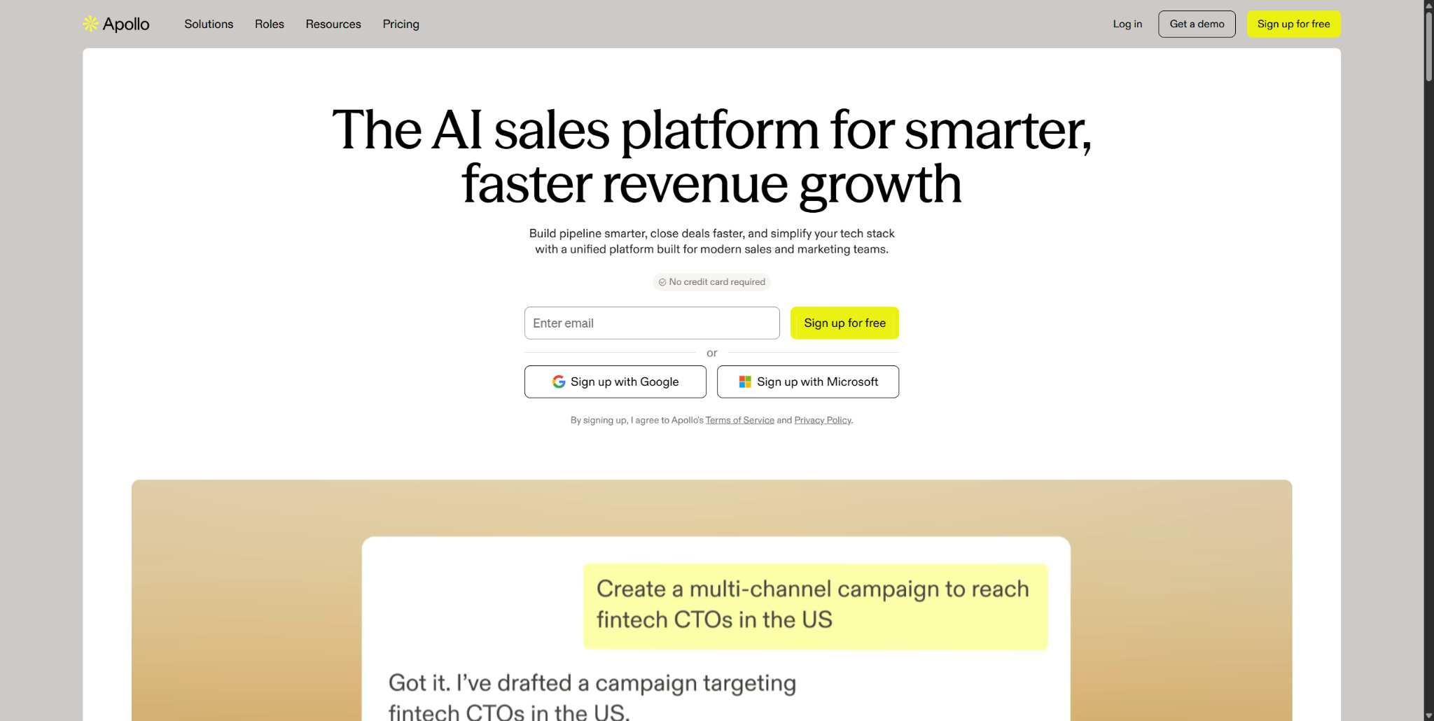 Apollo.io homepage with headline and sign-up form.