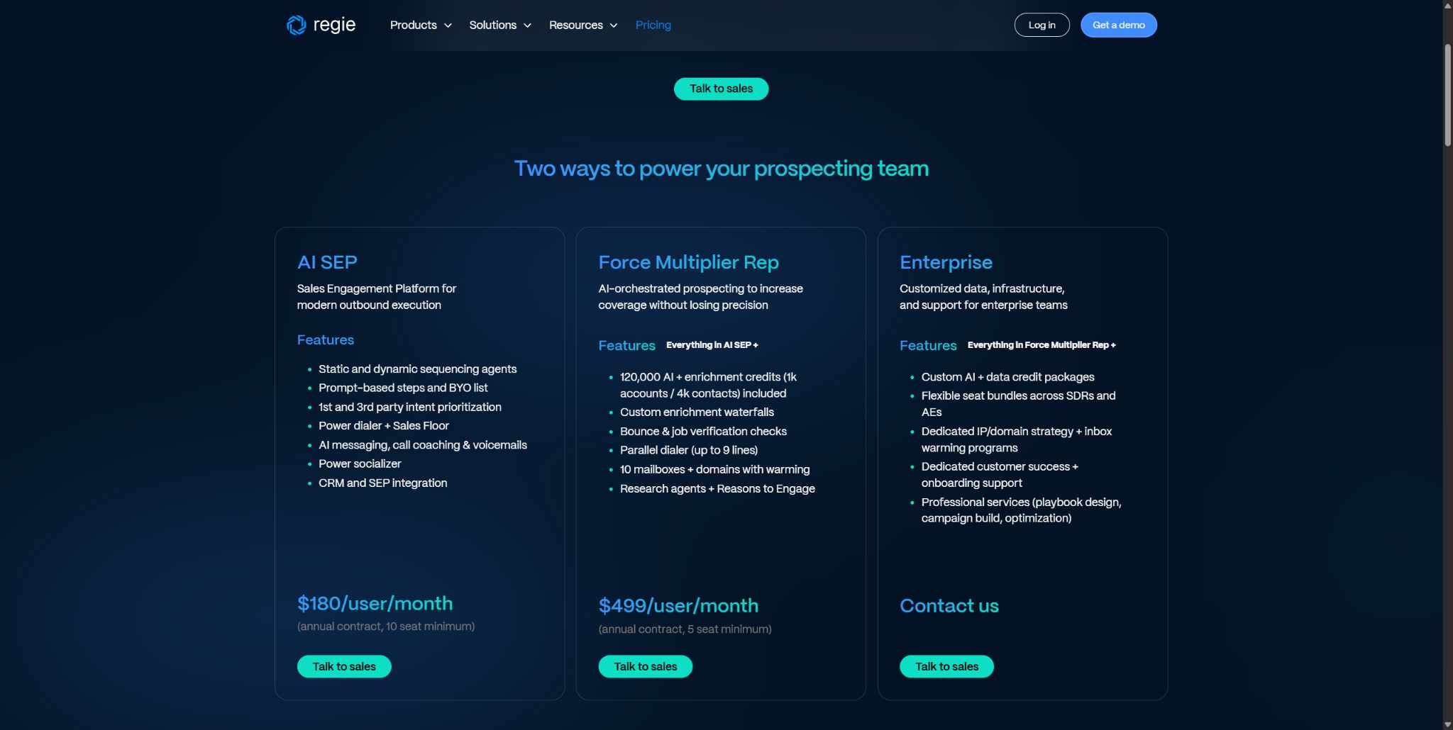 Three pricing tiers: AI SEP, Force Multiplier Rep, and Enterprise.