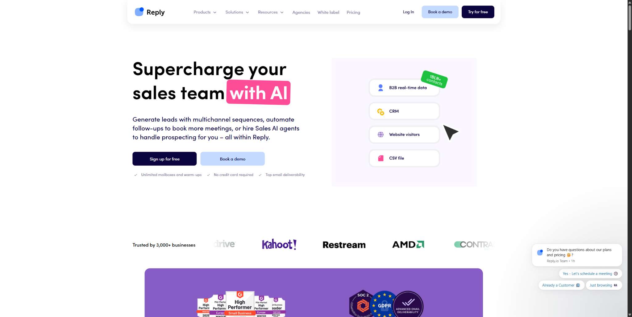 Reply.io homepage with headline "Supercharge your sales team with AI".