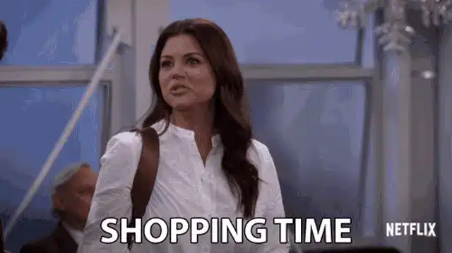 A woman in a white shirt looking determined, with the text SHOPPING TIME