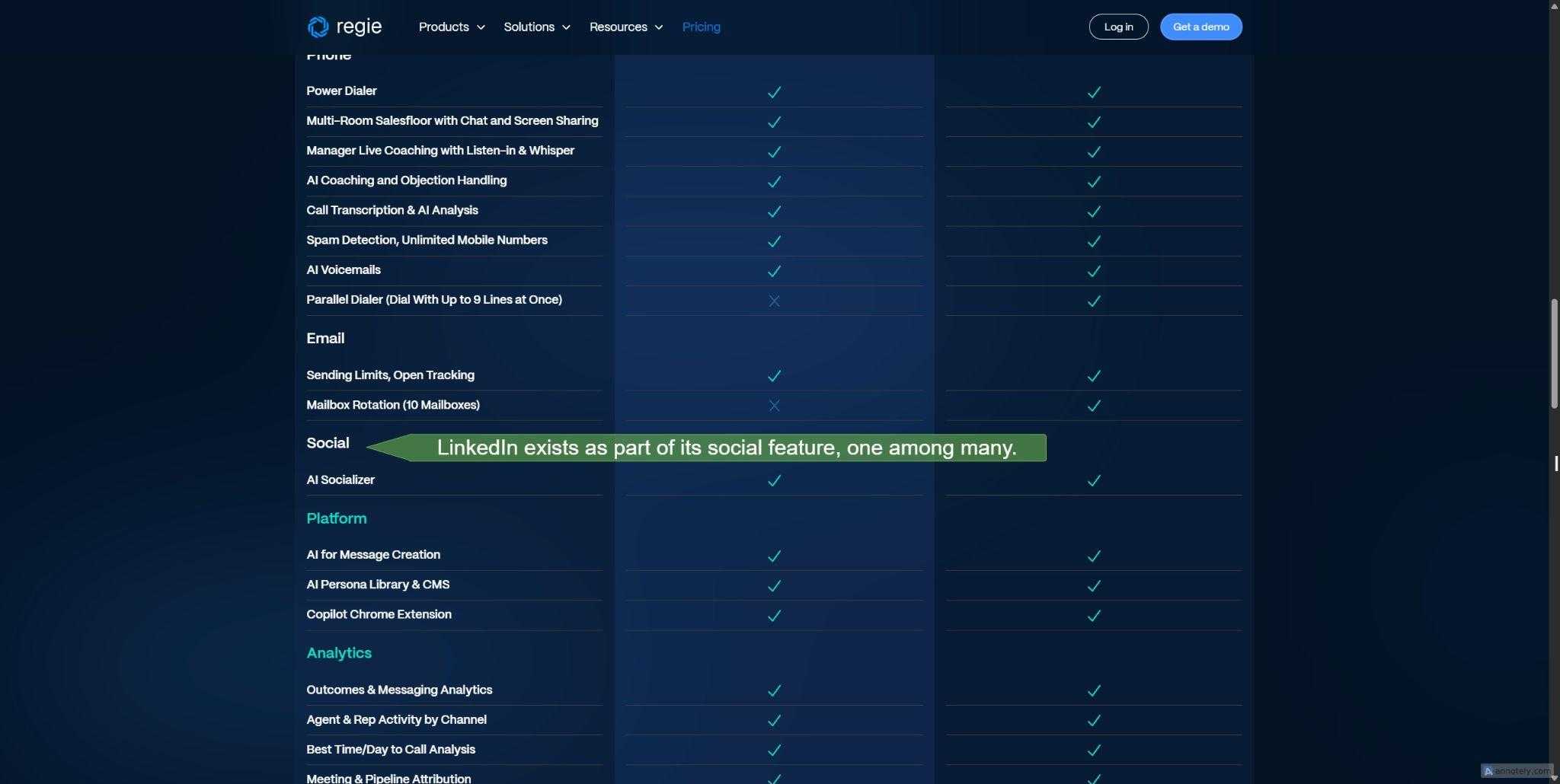 Feature comparison table for Regie.ai.