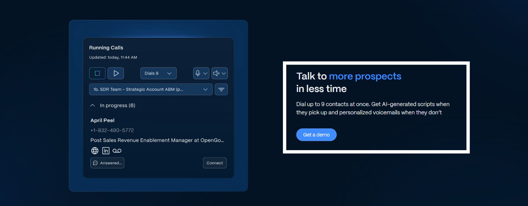Screenshot of a sales engagement platform interface showing running calls
