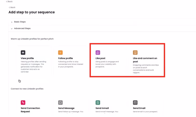 Screenshot of SalesRobot campaign creation interface showing options to "Like post" and "Like and comment on post