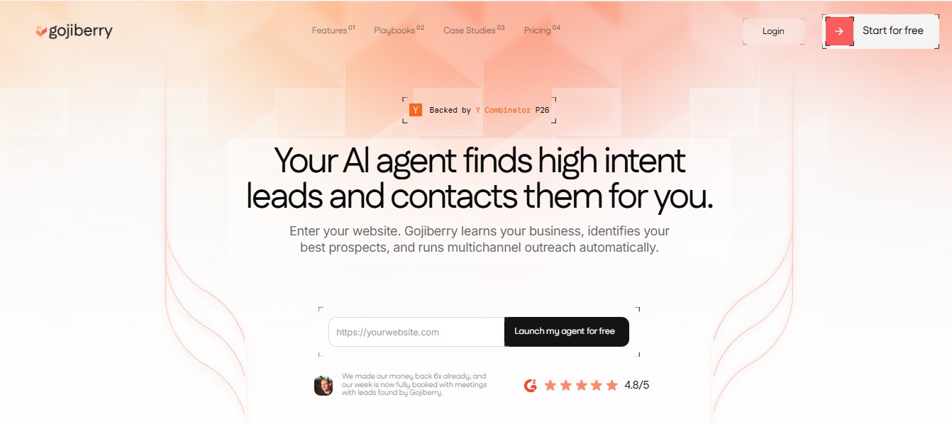 Gojiberry AI website homepage with a headline about AI agents finding leads.