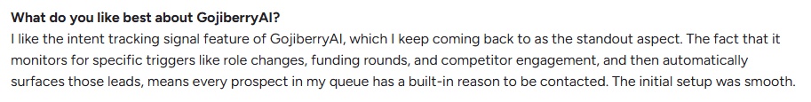 Customer testimonial highlighting Gojiberry AI's intent tracking and lead surfacing.