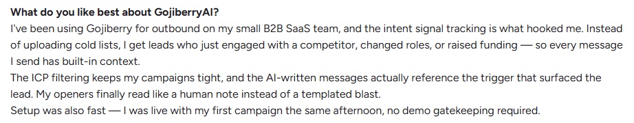 Customer testimonial praising Gojiberry AI's intent signal tracking and AI-written messages.