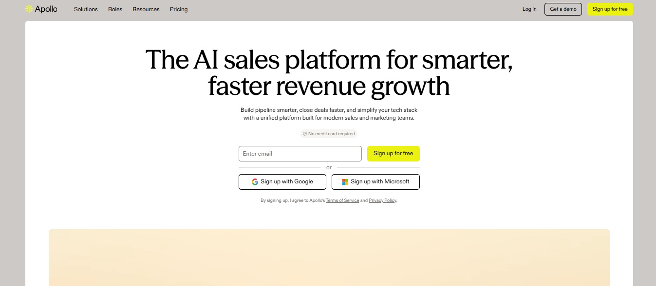 The Apollo.io homepage, promoting "The AI sales platform for smarter, faster revenue growth."