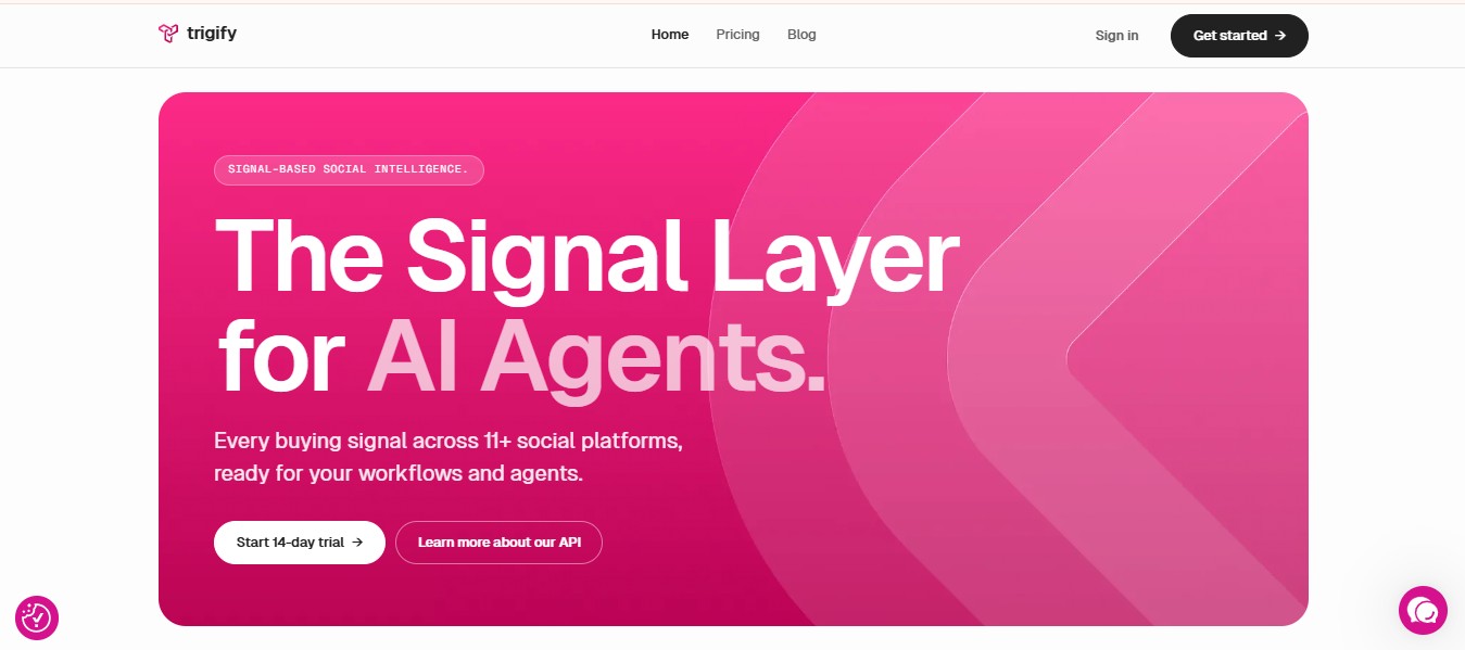 The Trigify homepage with the headline "The Signal Layer for AI Agents."