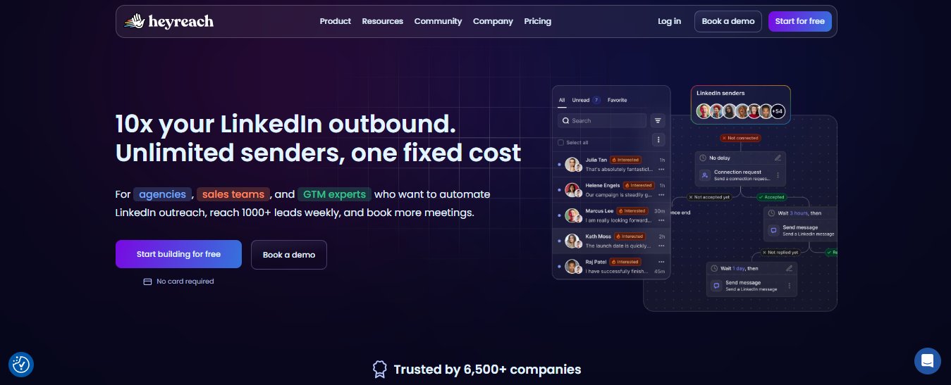 The Heyreach homepage, advertising 10x LinkedIn outbound.