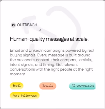Section of a website discussing "Human-quality messages at scale" for outreach via email and LinkedIn, with tags for "Email", "Socials", "AI copywriting", and "Auto follow-ups".