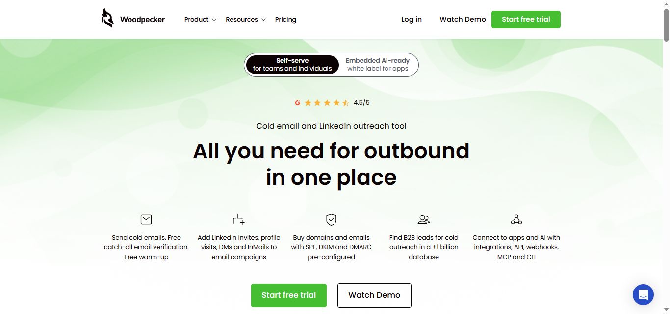 Woodpecker.io landing page with headline "All you need to cold email in one place"