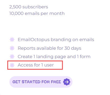 EmailOctopus free plan details, including "Access for 1 user".