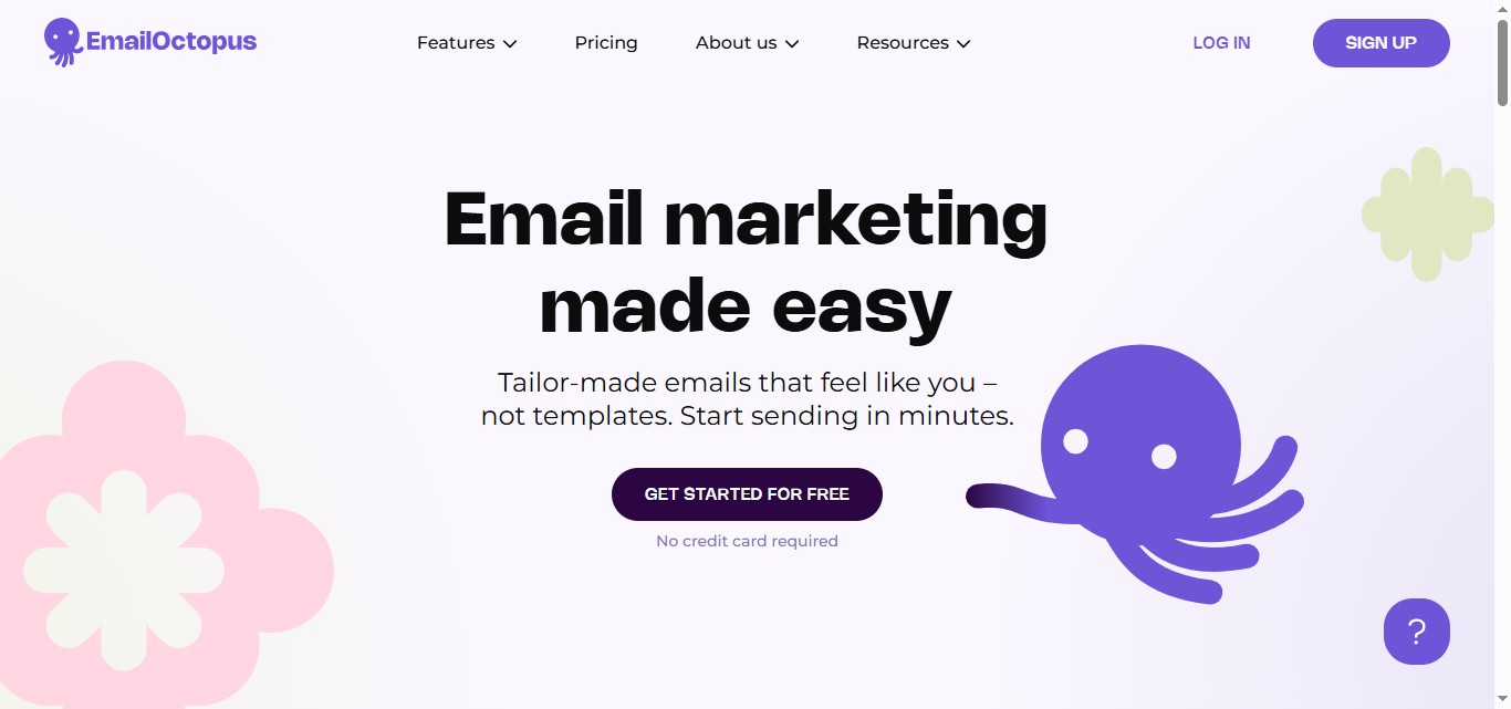 EmailOctopus homepage with a purple octopus and "Email marketing made easy" text.