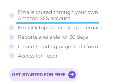 List of features including "Emails routed through your own Amazon SES account".