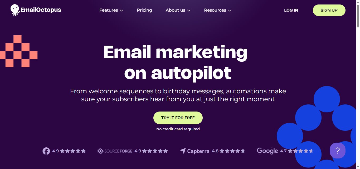 EmailOctopus logo with abstract shapes and the text "Email marketing on autopilot".