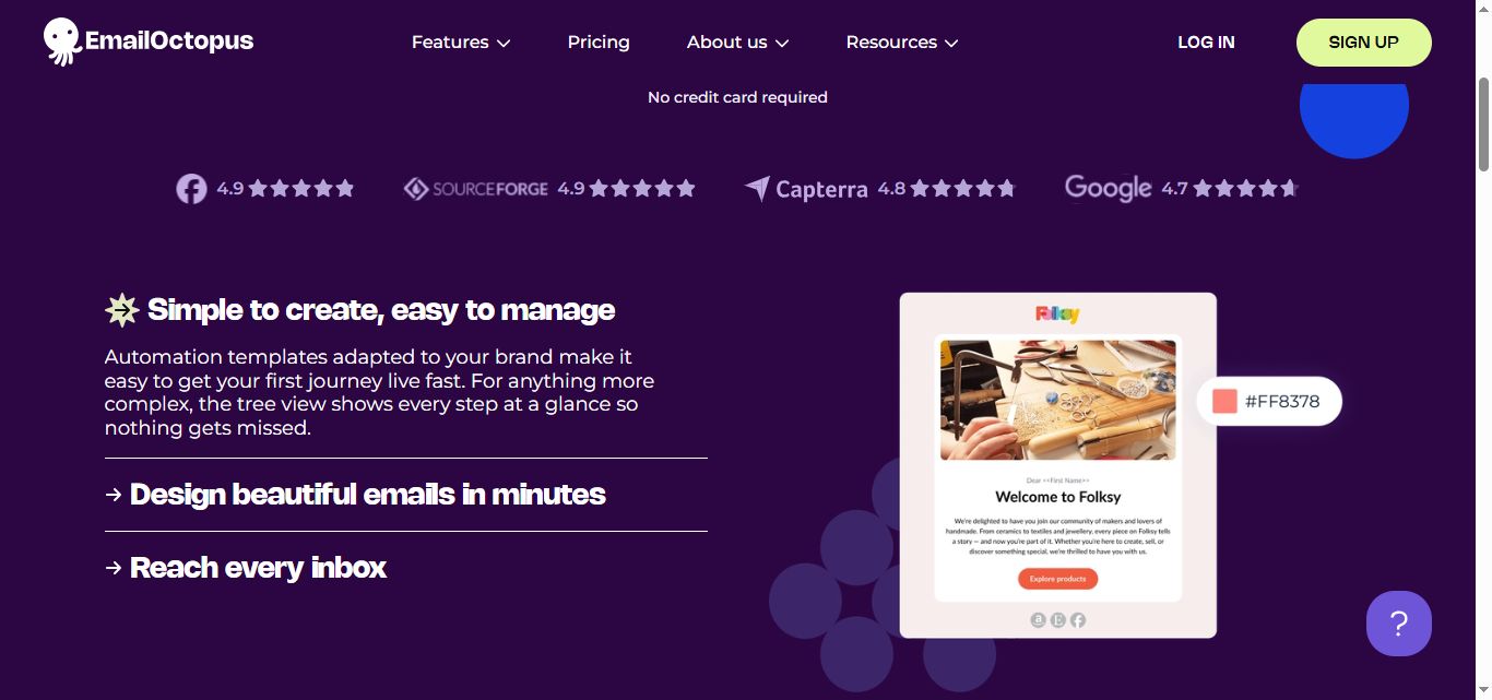 EmailOctopus website section on creating emails with a sample email.