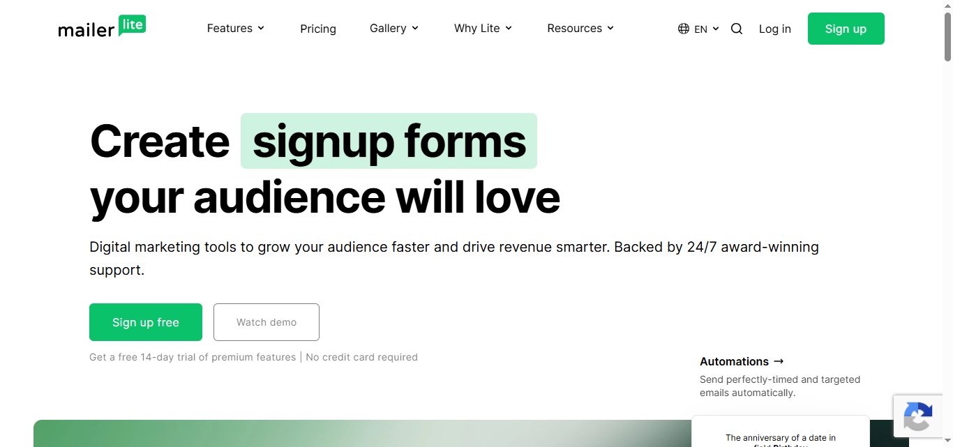 MailerLite landing page with headline "Create signup forms your audience will love".