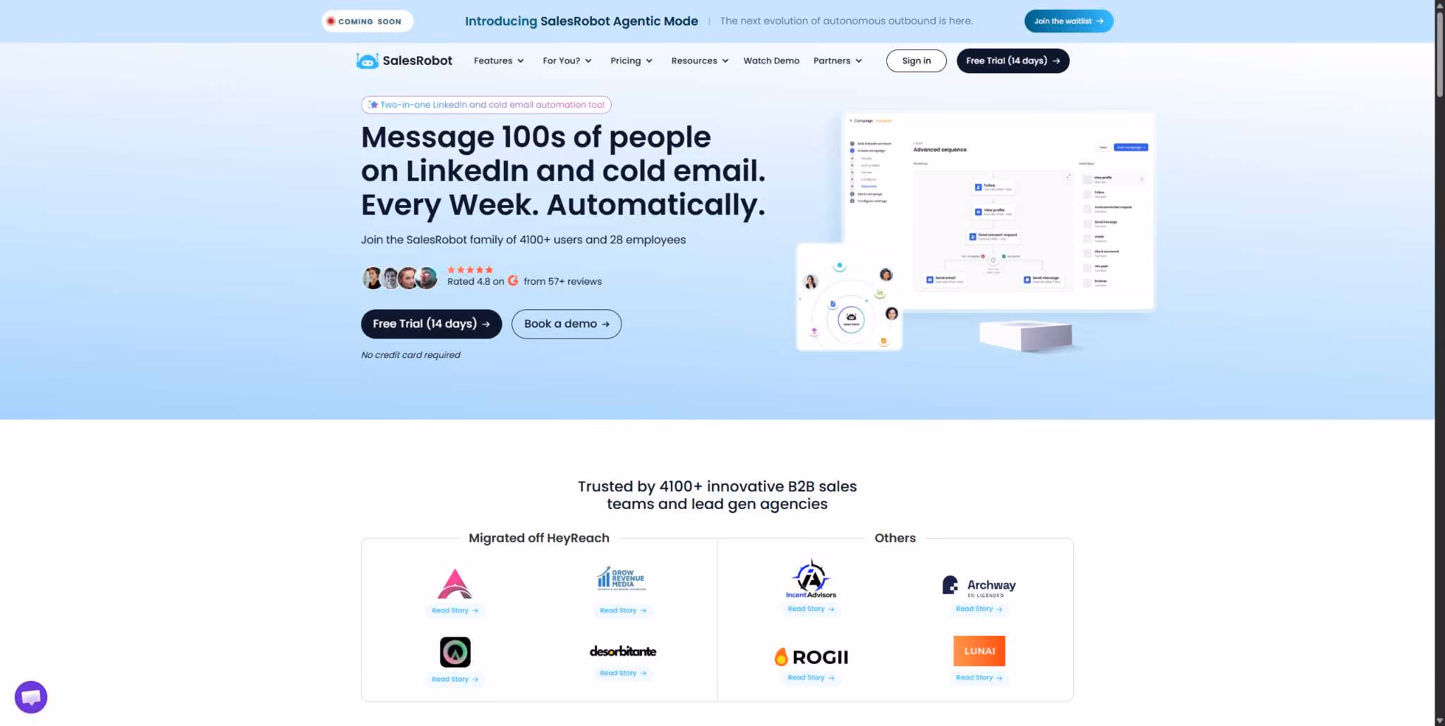 SalesRobot landing page with headline "Message 100s of people on LinkedIn and cold email. Every Week. Automatically.