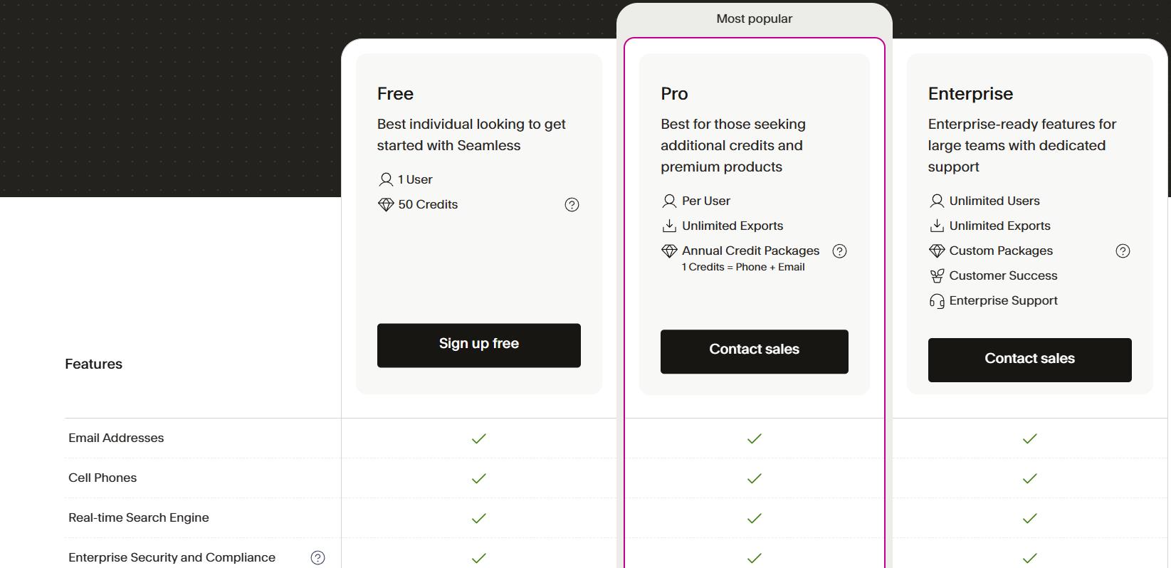 Screenshot of Seamless.AI pricing plans