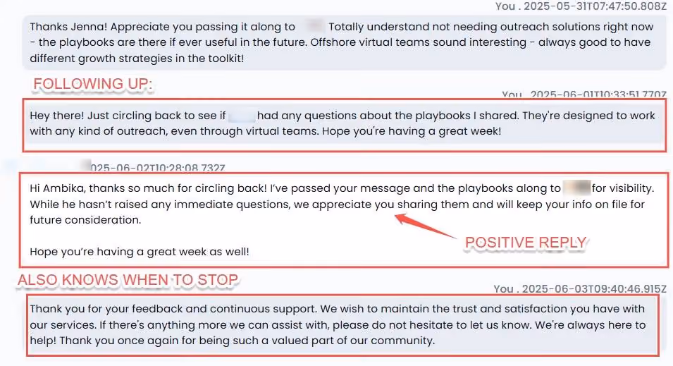 Screenshots of LinkedIn messages and replies, including one highlighting a positive reply and another noting when to stop