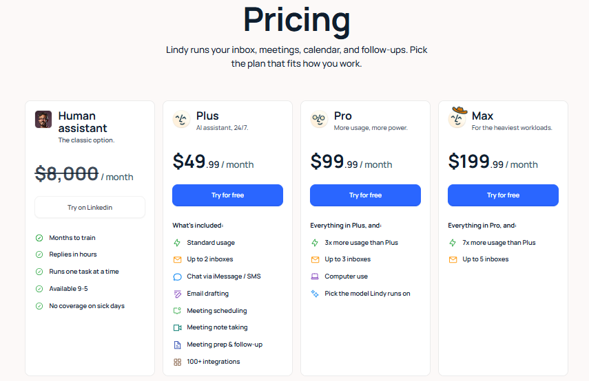 lindy ai pricing page