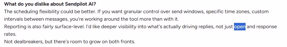 A quote about Sendpilot AI's scheduling flexibility and reporting capabilities needing improvement.