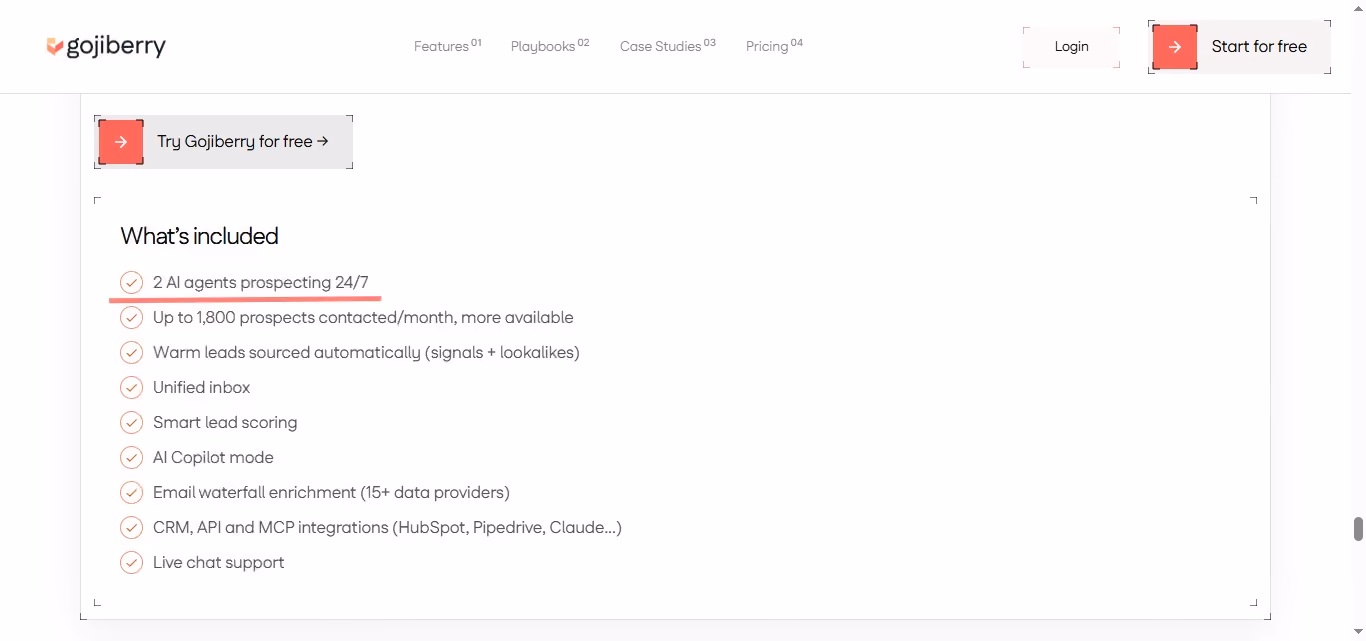 screenshot of a Gojiberry webpage section titled "What's included" with a checkmark next to "2 AI agents prospecting 24/7"