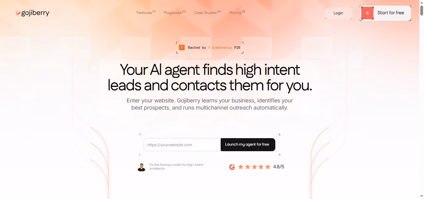 A Gojiberry webpage section with the heading "Your AI agent finds high intent leads and contacts them for you