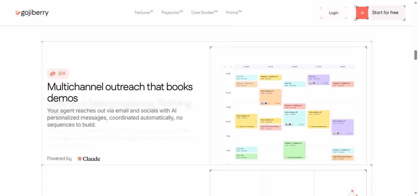 A Gojiberry webpage section with the heading "Multichannel outreach that books demos" and a calendar showing demo and call entries