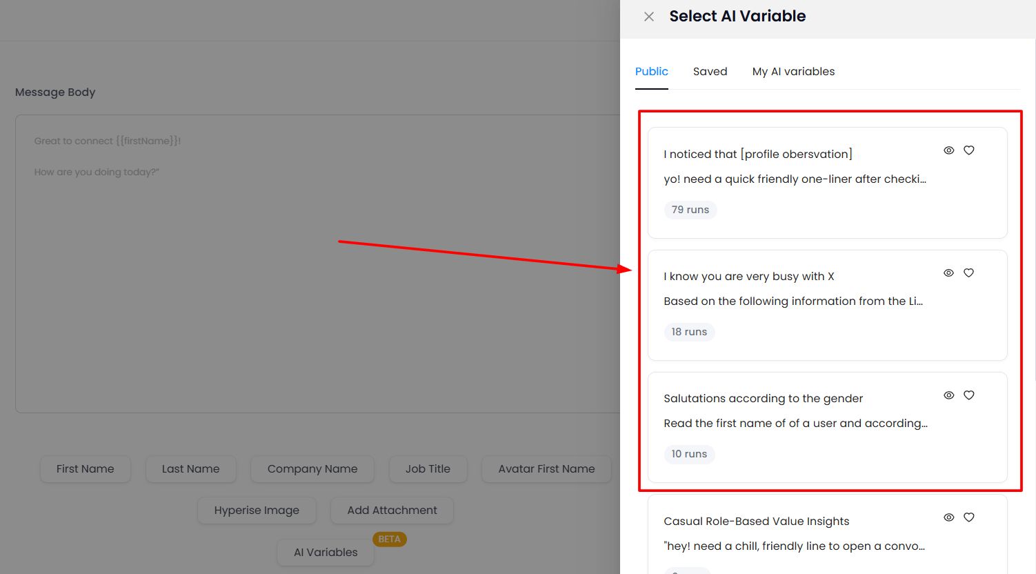 Screenshot of an "AI Variables" pop-up menu in a CRM, showing pre-written message options.