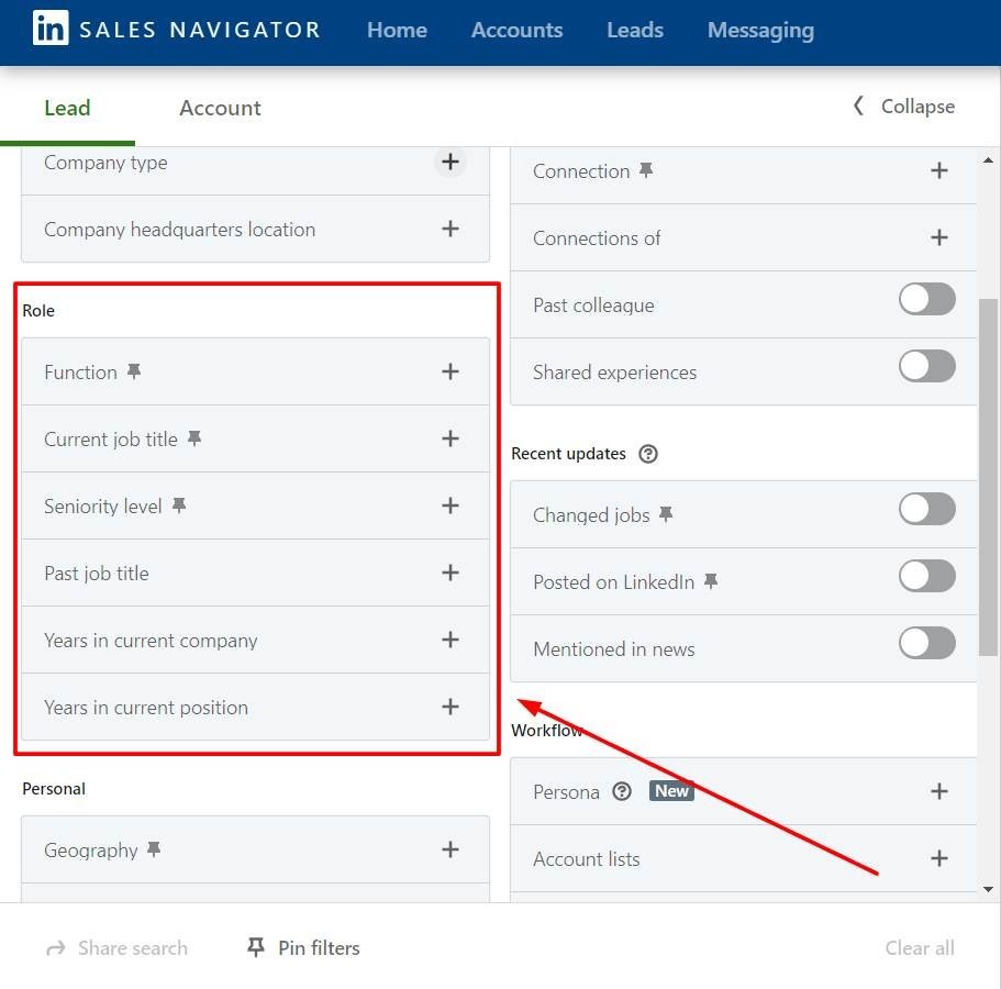Screenshot of LinkedIn Sales Navigator showing filters for leads, including company type, location, and role