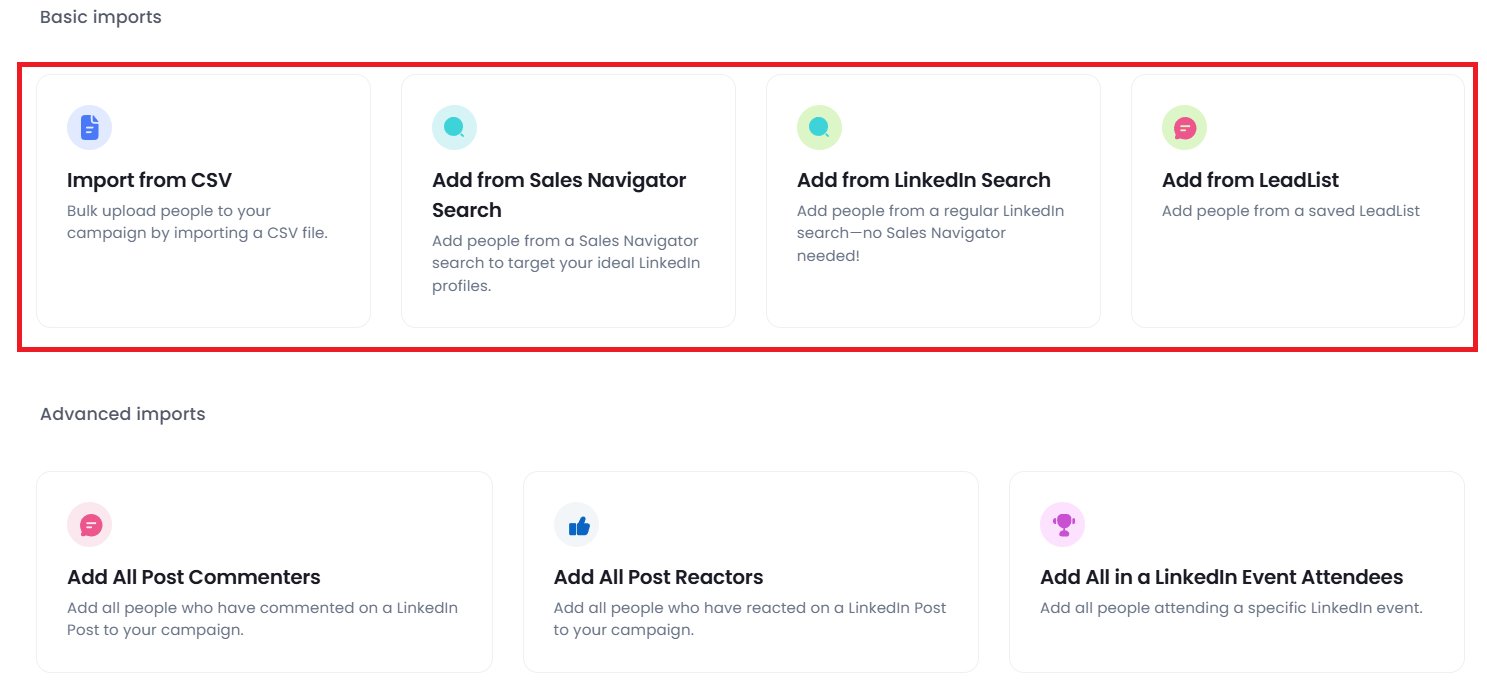 Image showing different import options in a CRM, including CSV, Sales Navigator, LinkedIn Search, and LeadList